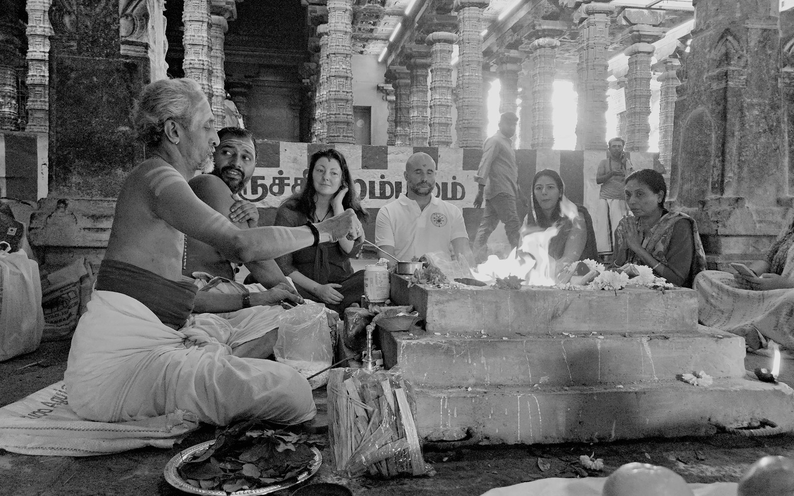 A homa fire ceremony inside a temple