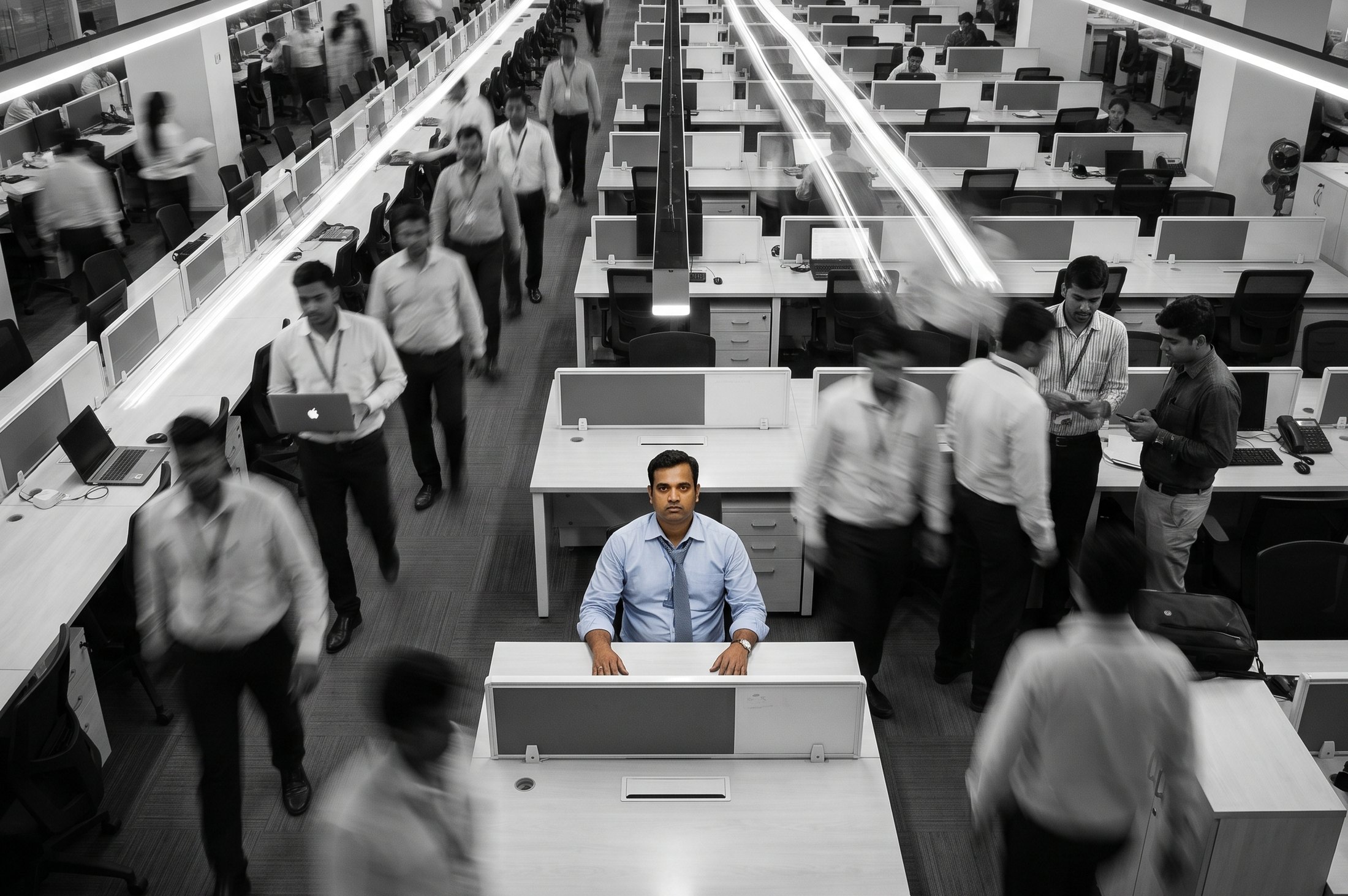 One person still at their desk while the office moves around them