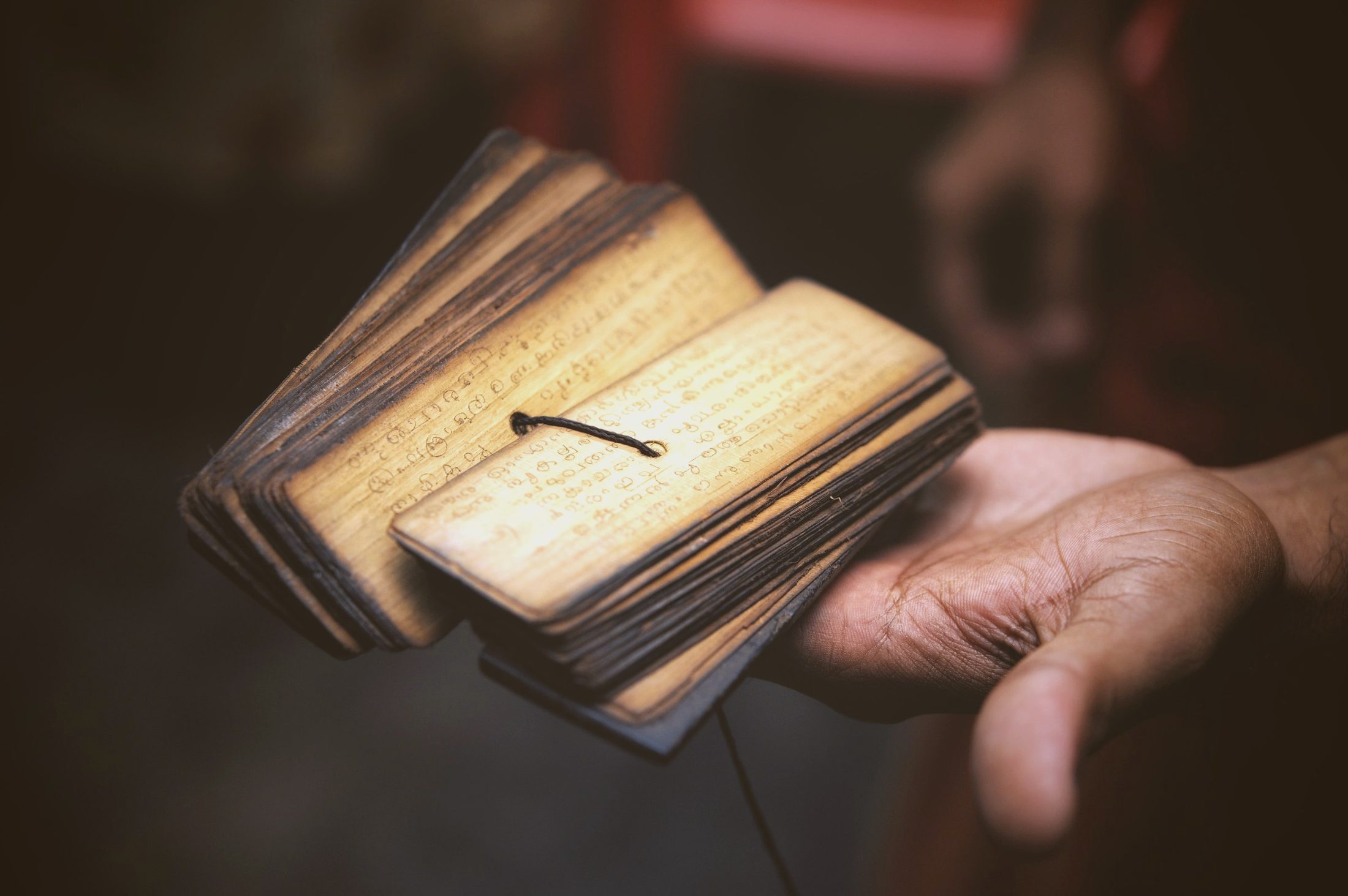 A reader holding an open Nadi palm-leaf manuscript