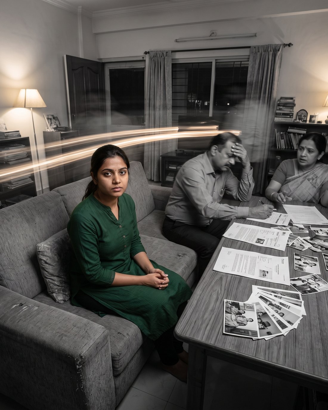 A couple sitting with match photographs spread on the table between them