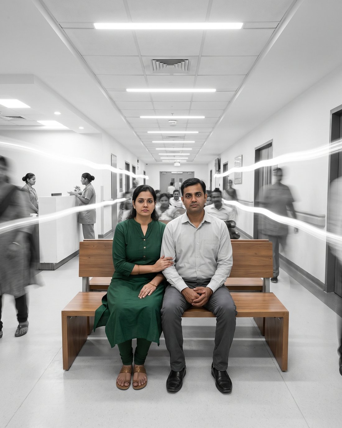 A couple waiting on a bench in a hospital corridor