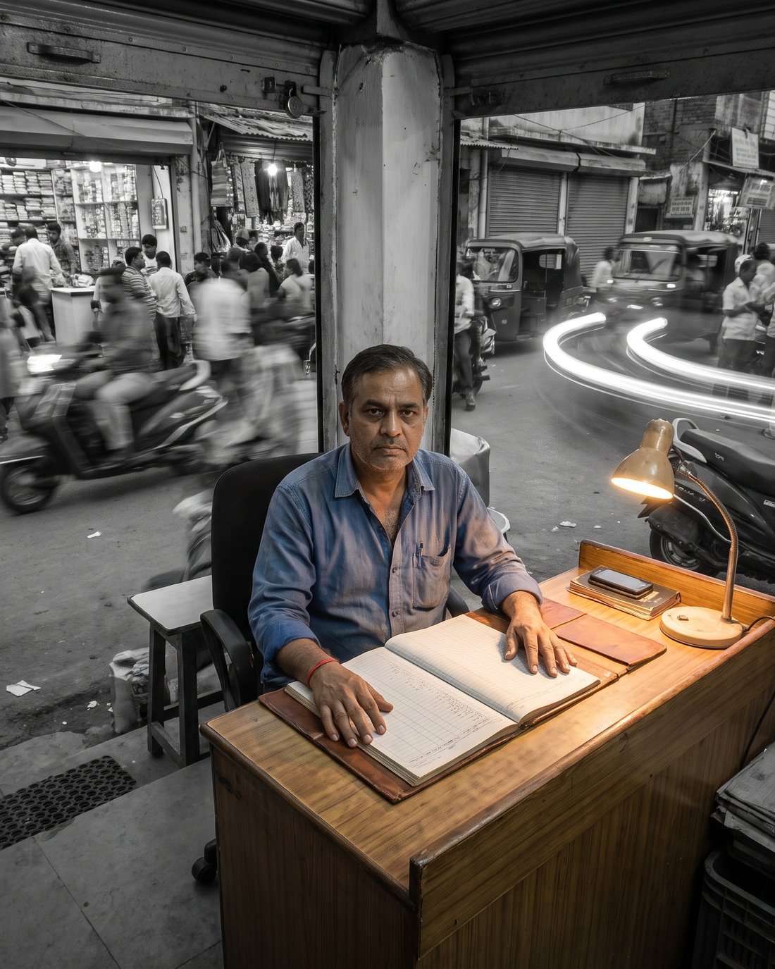 A shopkeeper at his ledger while the street rushes past outside