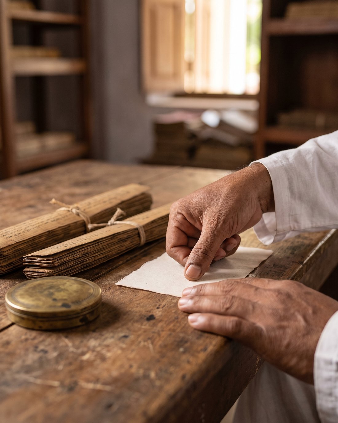 A thumbprint being taken beside a bound bundle of palm leaves