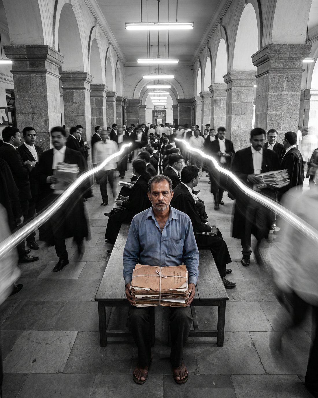A man waiting with his file in a court corridor