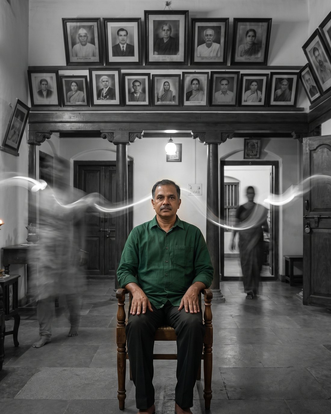 A man alone in a family hall under a row of ancestral portraits