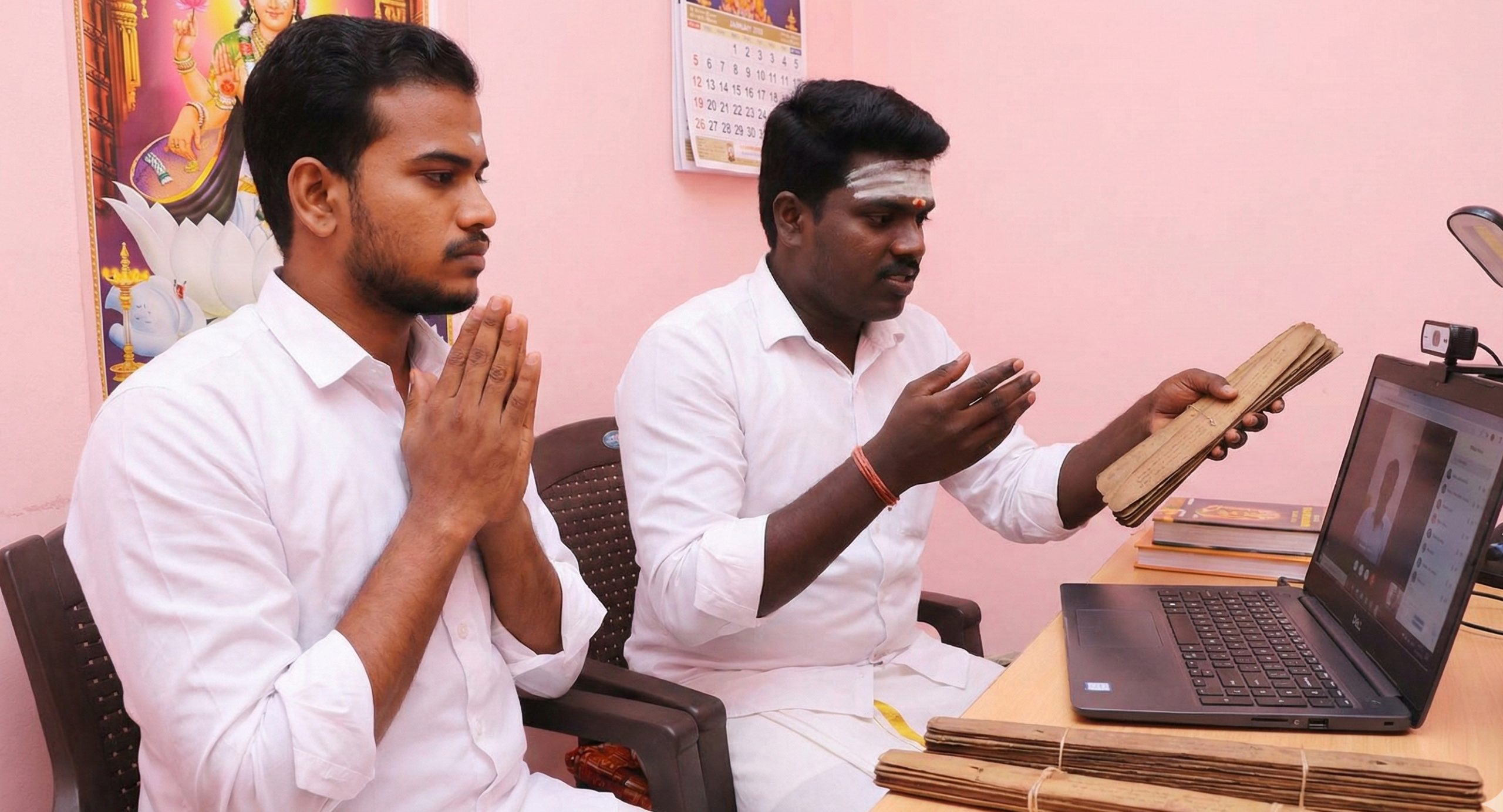 Our Nadi readers presenting a palm leaf during a live online reading session